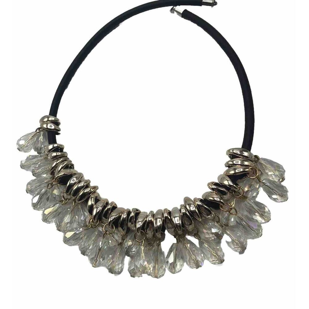Art Deco Aurora Borealis Crystals Dangle Necklace Black Silk Bib Statement